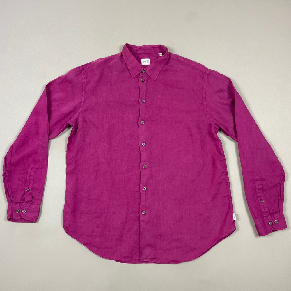 Armani Collezioni Mens Linen Button Down Shirt Magenta Purple Long Sleeve XL